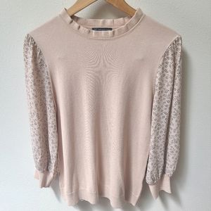 NWOT Adrianna Papell Blush Mixed Media Ruffle Neck Top Size Small